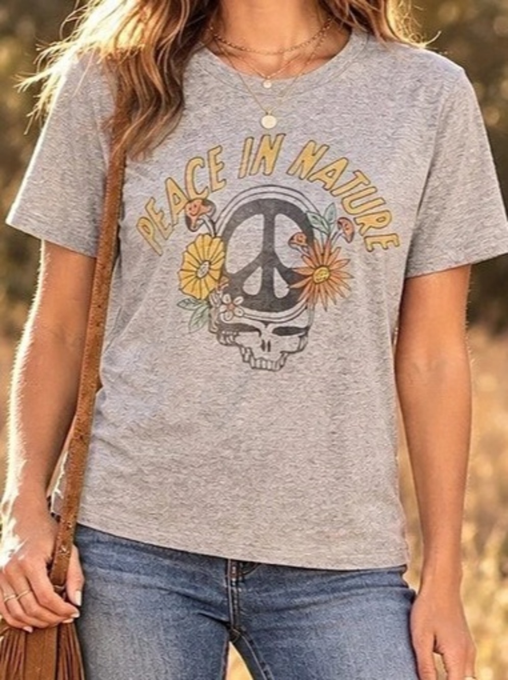 American Eagle- Gray Peace in Nature Boho Floral Skull Graphic Tee Size Small